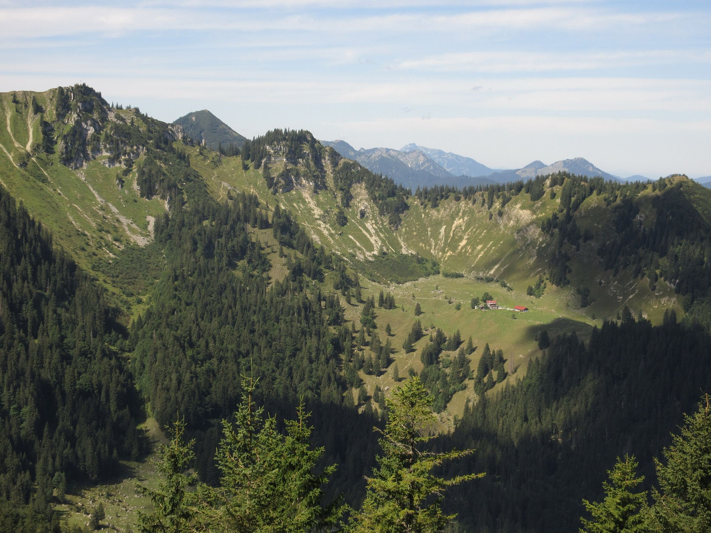 Ein grüner Bergkessel mit Almwiesen und dem Bodenschneidhaus, ringsum Gipfel und Fichtenwald