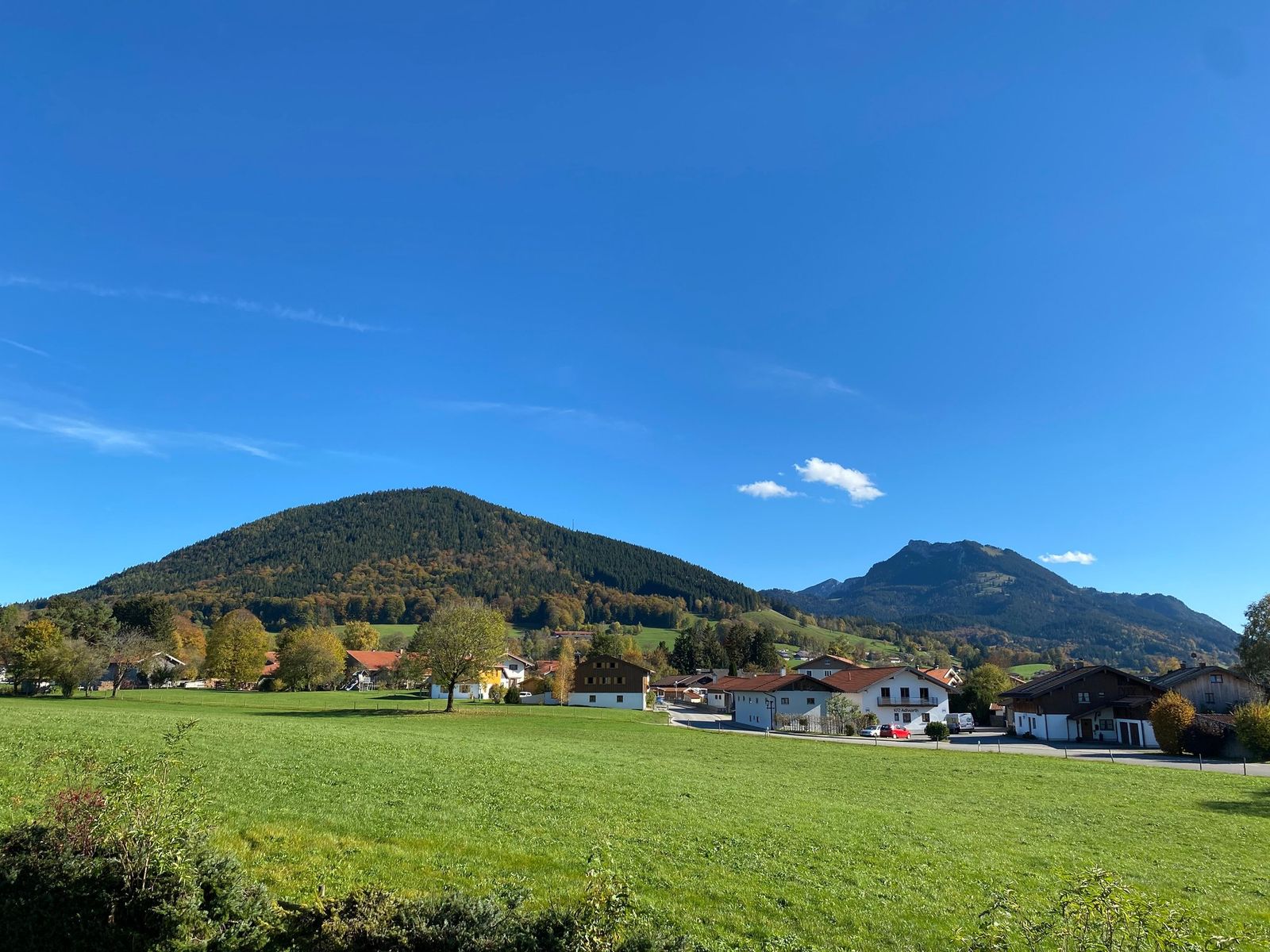 Blick über eine grüne Wiese auf Häuser zwischen Bäumen mit Herbstlaub, dahinter ein bewaldeter Berg und rechts ein Felsgipfel unter blauem Himmel