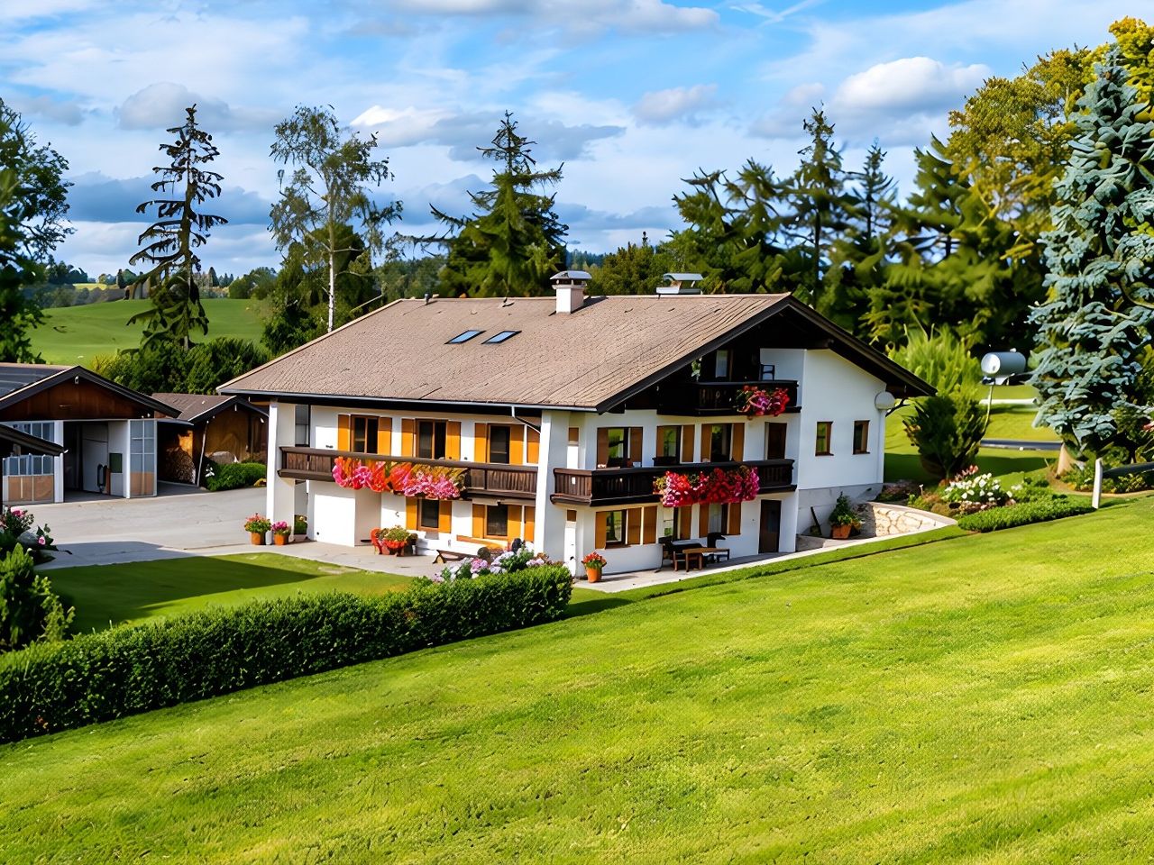 Das Ferienhaus von außen: weiß verputzt, mit Holzbalkonen voller Geranien, davor die Terrasse, eine Hecke und die Wiese