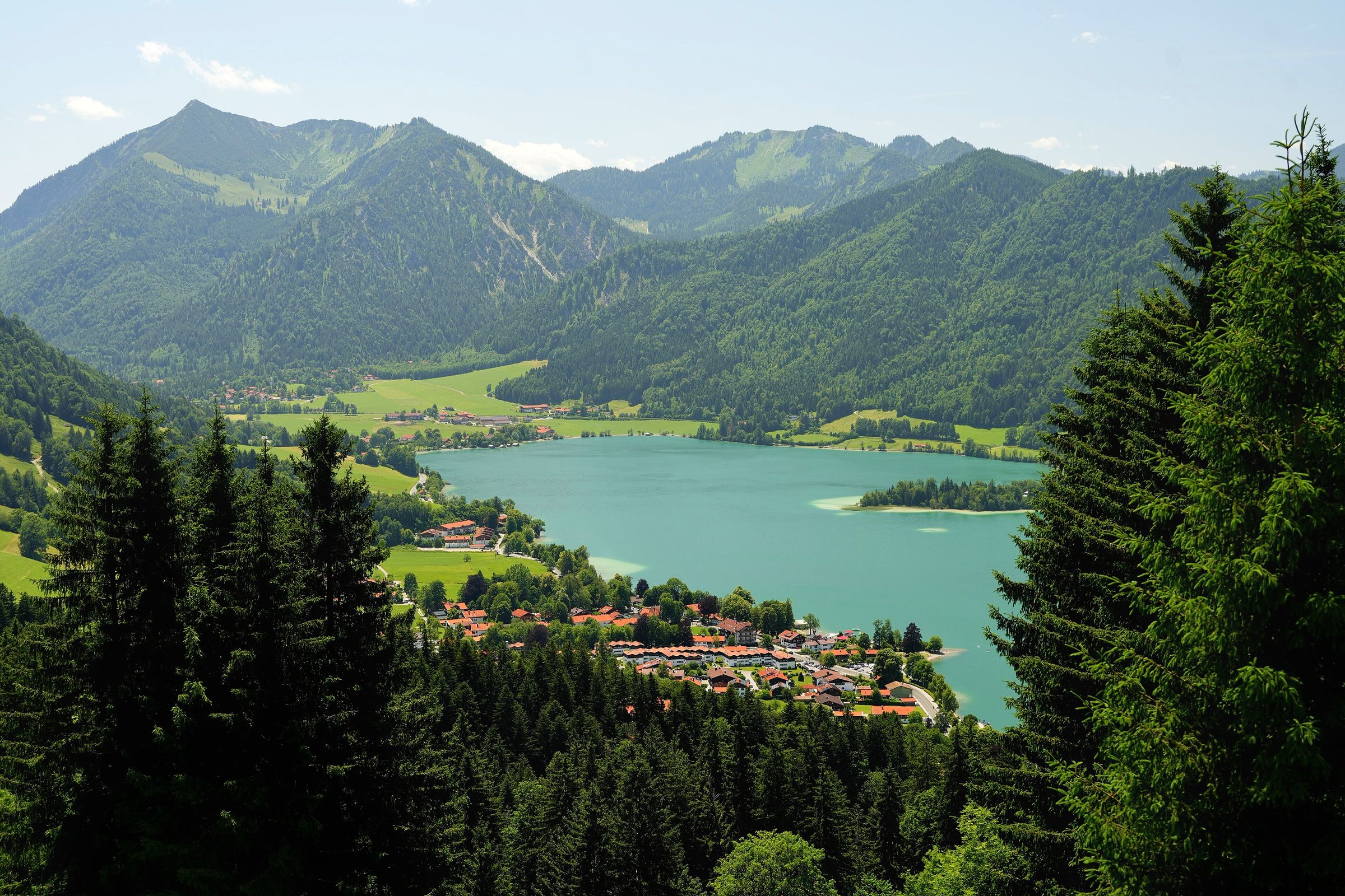 Türkiser Schliersee mit der Insel Wörth und dem Ort am Ufer, links und rechts von Fichten gerahmt, dahinter bewaldete Berge