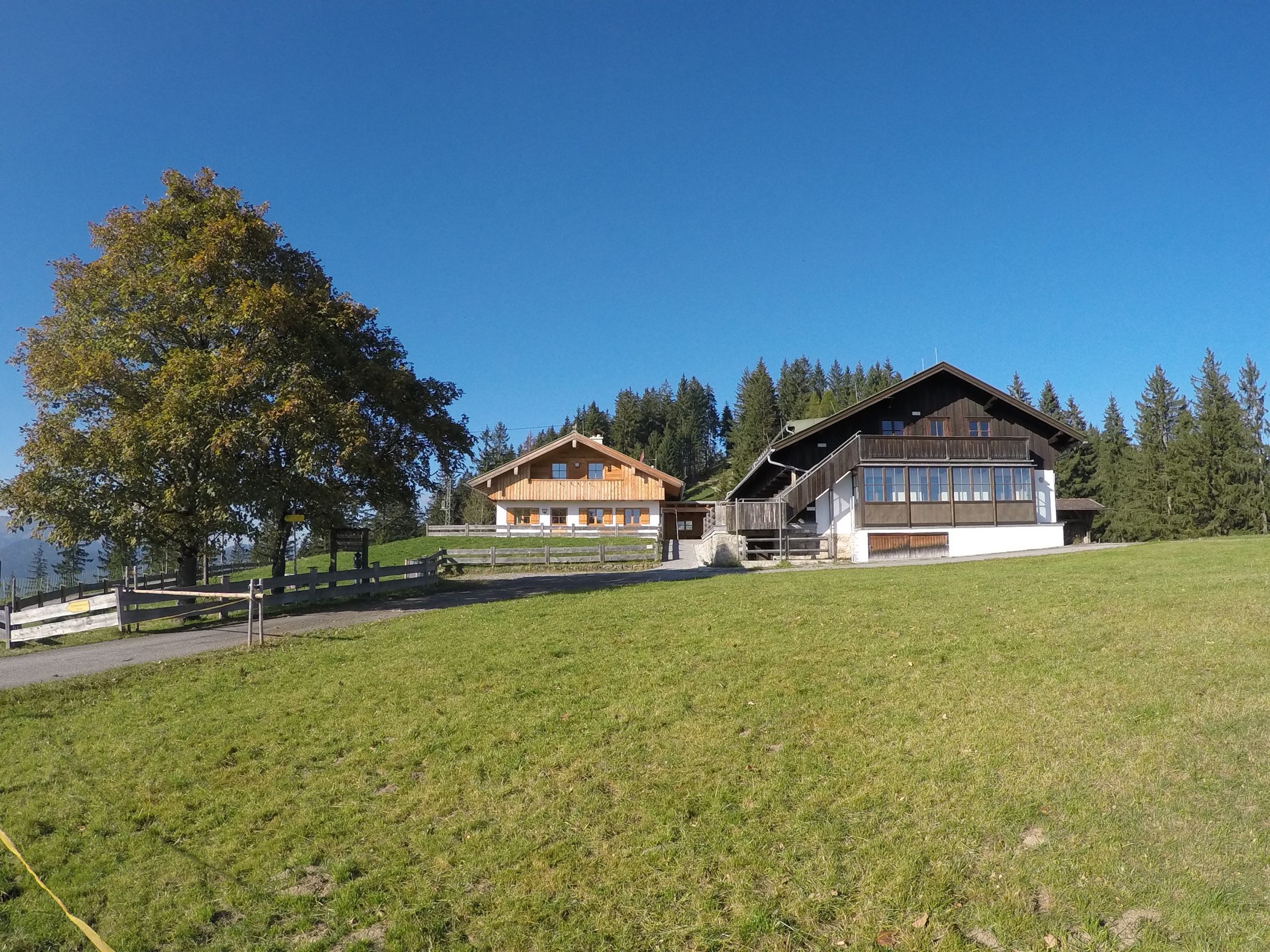 Zwei Almhäuser auf einer Wiese am Schwarzenberg, daneben ein Baum im Herbstlaub, blauer Himmel