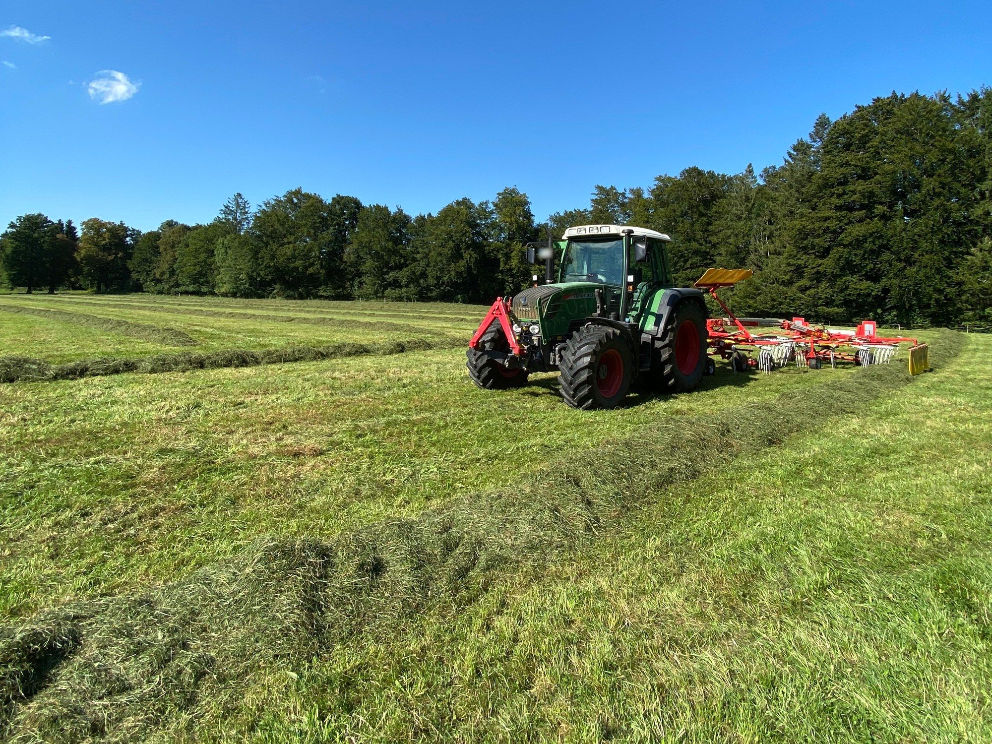 Ein grüner Traktor zieht einen roten Kreiselschwader über die gemähte Wiese, dahinter ein Waldrand unter blauem Himmel
