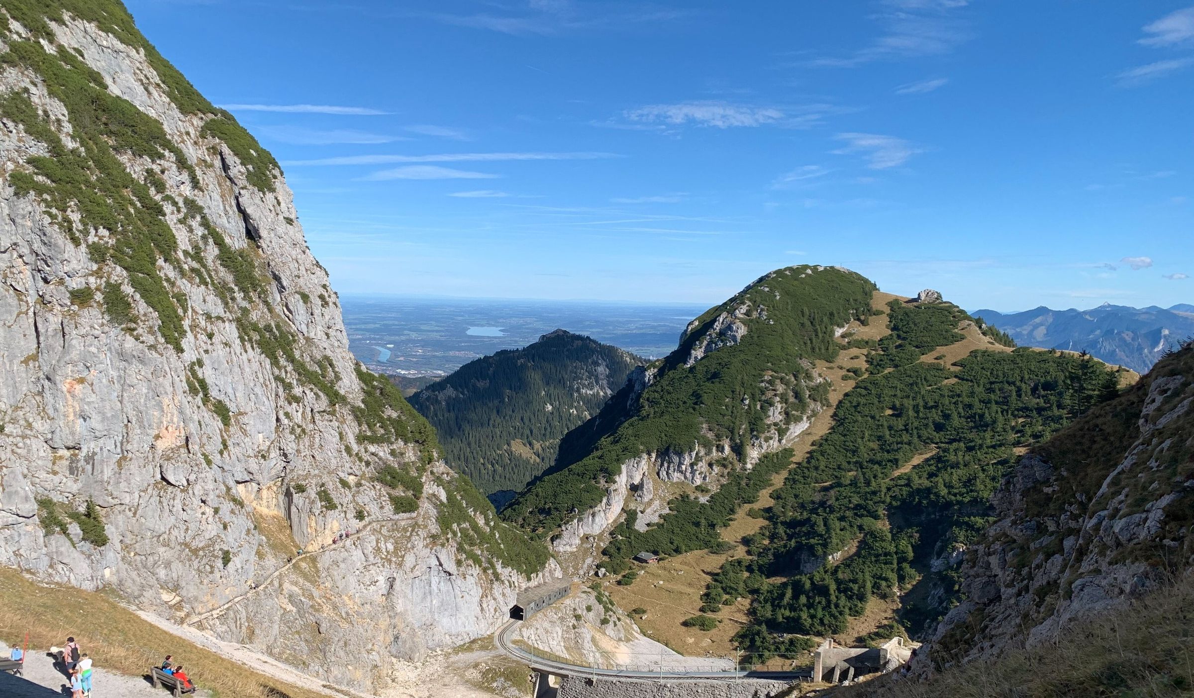 Steile Felswand links, unten ein Weg mit Bänken und kleinen Wanderern und die Trasse der Zahnradbahn, dahinter bewaldete Berge und das weite Vorland