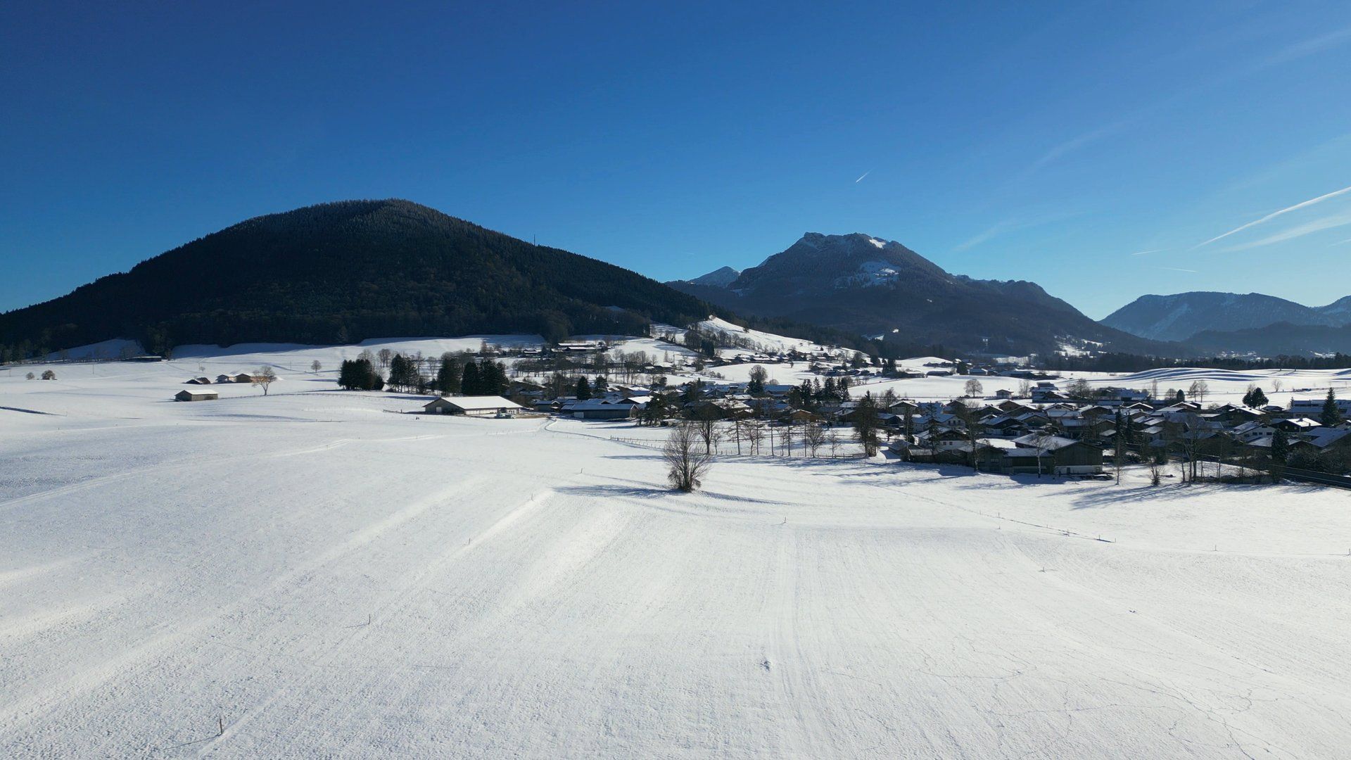 Drohnenblick über eine verschneite Wiese mit Spuren und einem kahlen Baum, links ein bewaldeter Berg, in der Mitte ein Gipfel mit Schneefeld, rechts die verschneiten Häuser von Hundham unter blauem Himmel